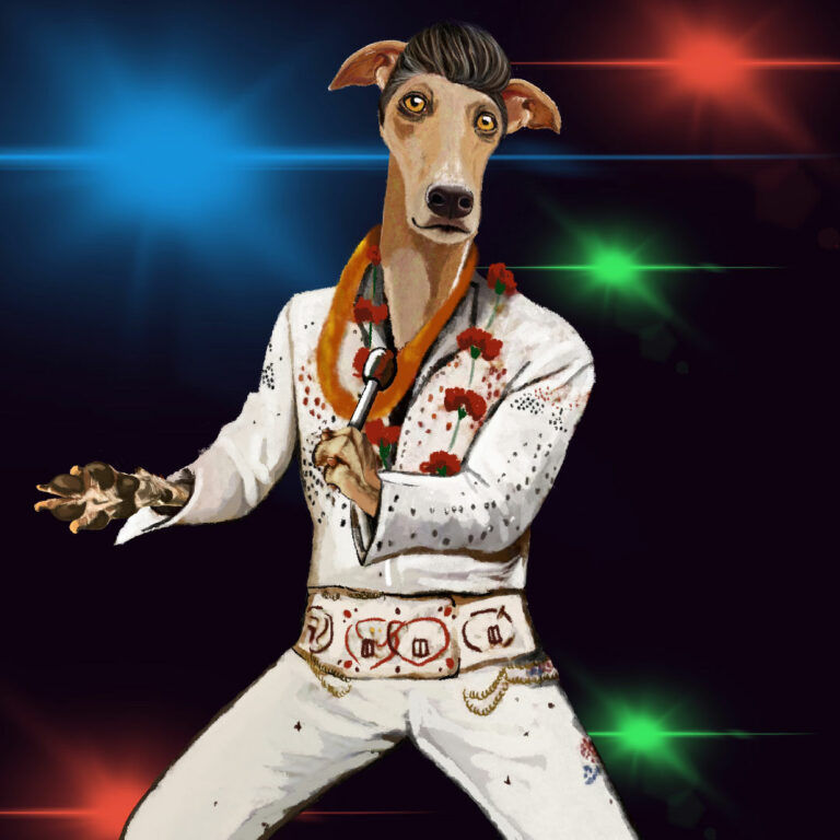 Elvis Presley galgo. Ilustración digital.