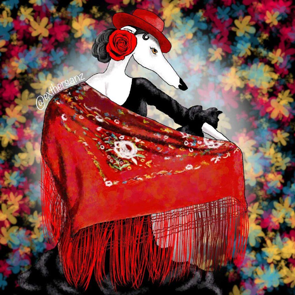 Galga flamenca con sombrero y mantilla, ilustración digital.