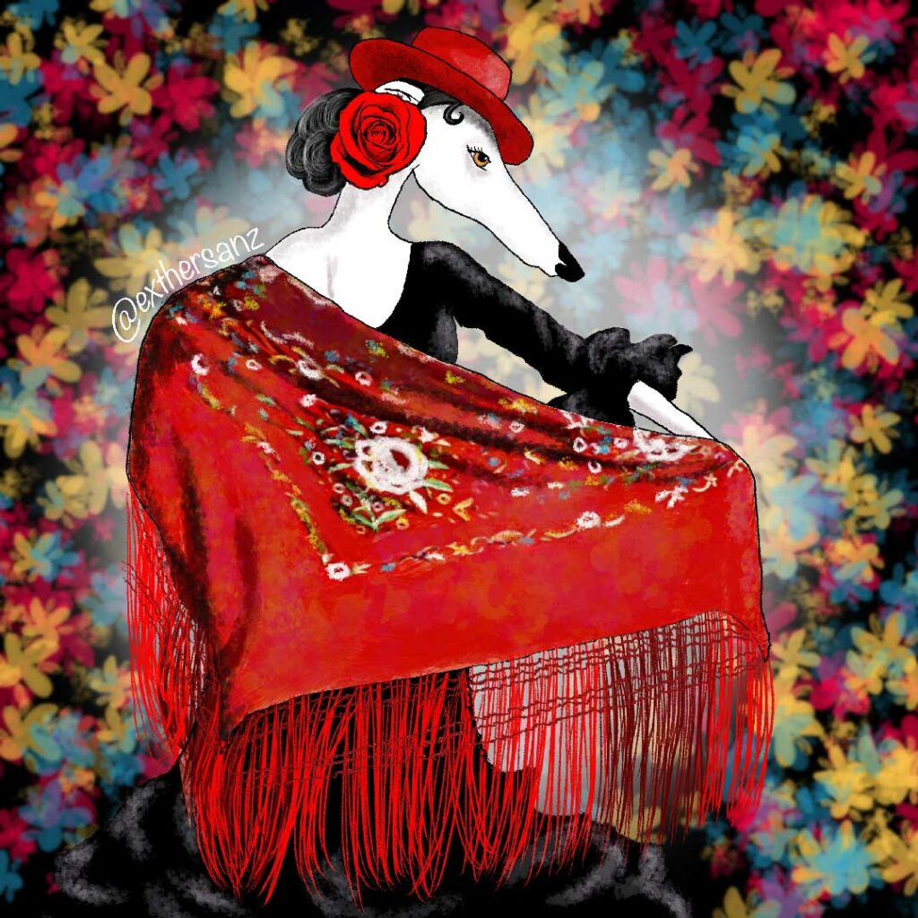 Galga flamenca con sombrero y mantilla, ilustración digital.