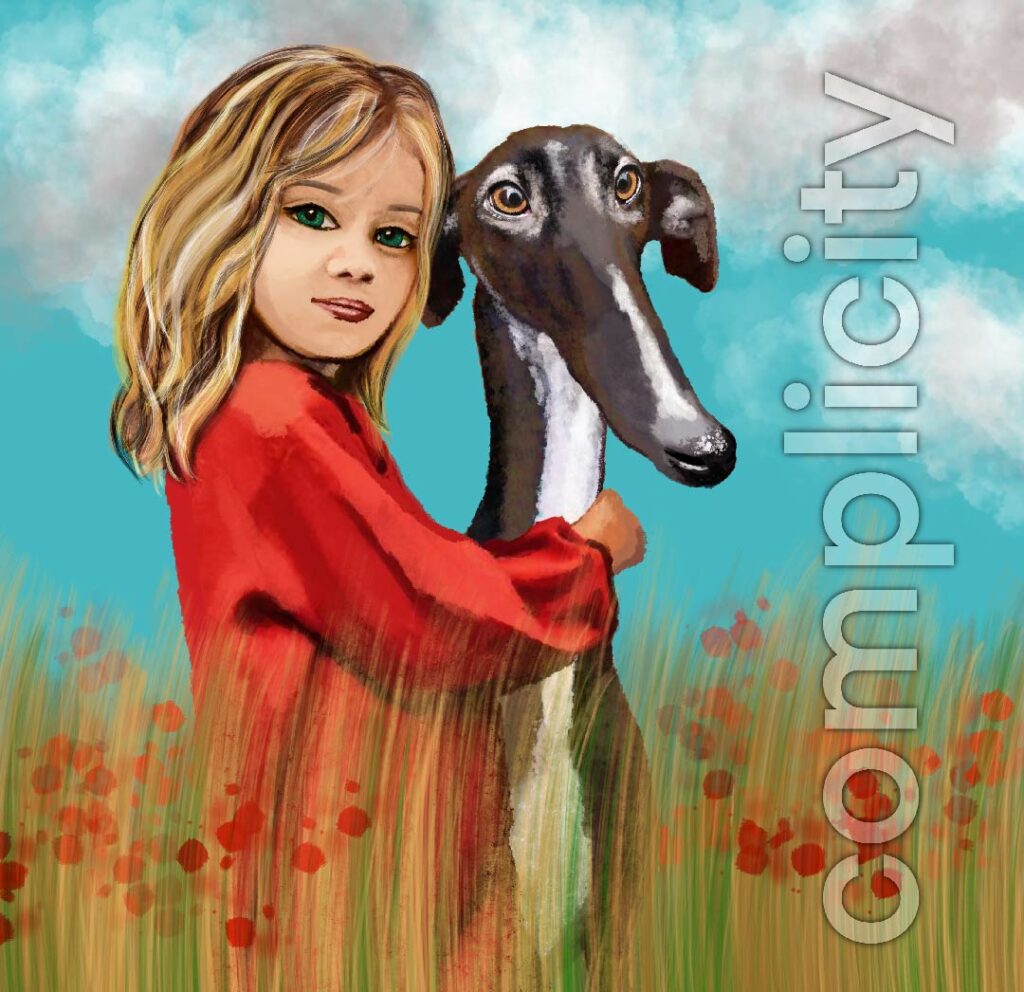 Niña abrazada a galgo, en un campo de espigas. Ilustración digital.