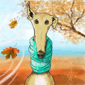 Galgo con oreja levantada por el aire otoñal. Ilustración digital.