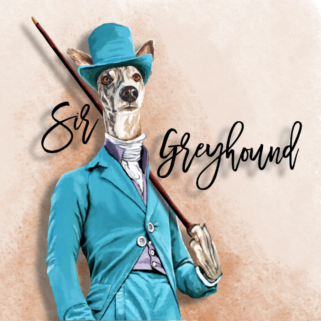 Sir Greyhound, con traje de época azul, ilustración digital.