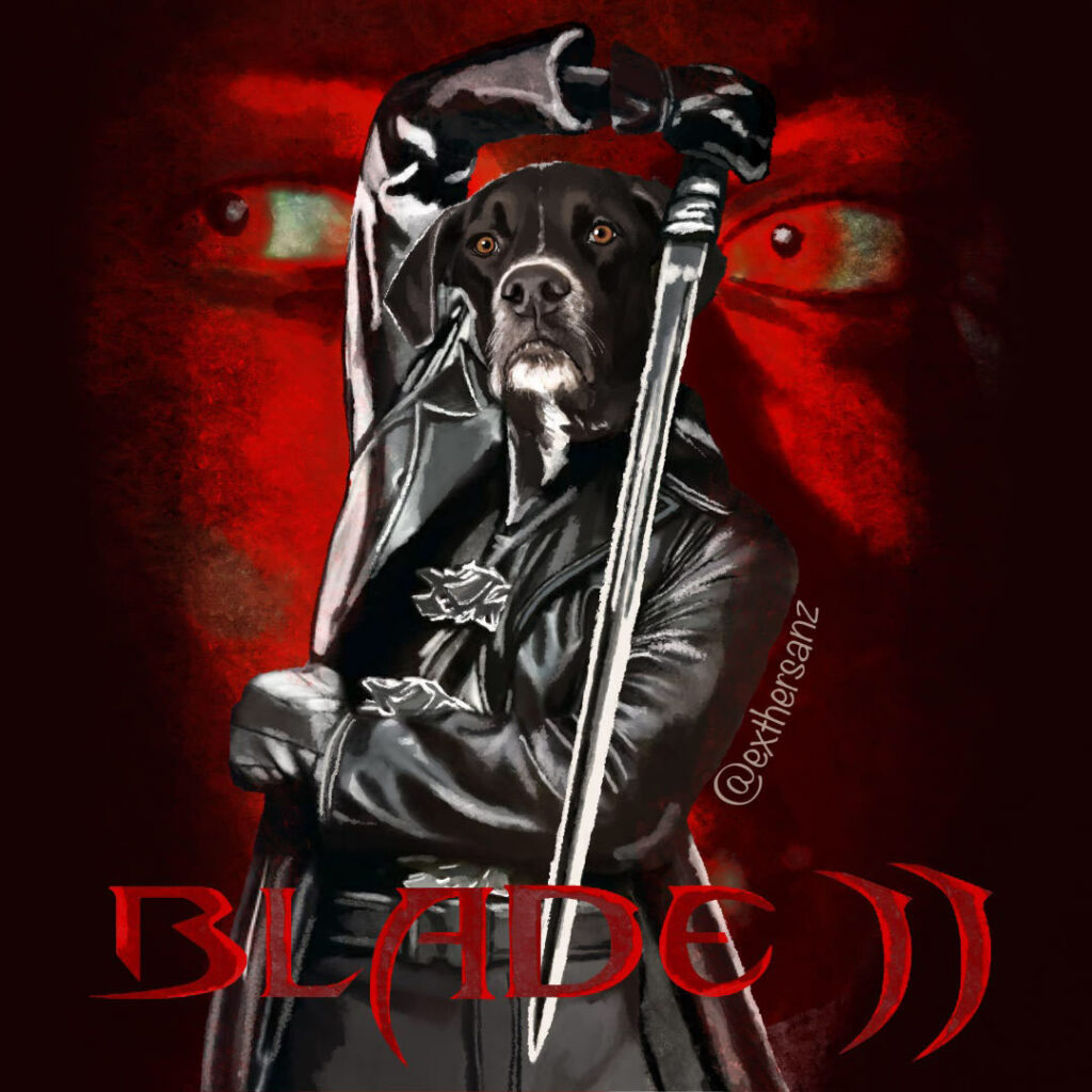 Blade film, interpretación con labrador negro. Ilustración digital.