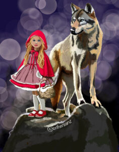 Caperucita y el lobo son amigos, ilustración digital.