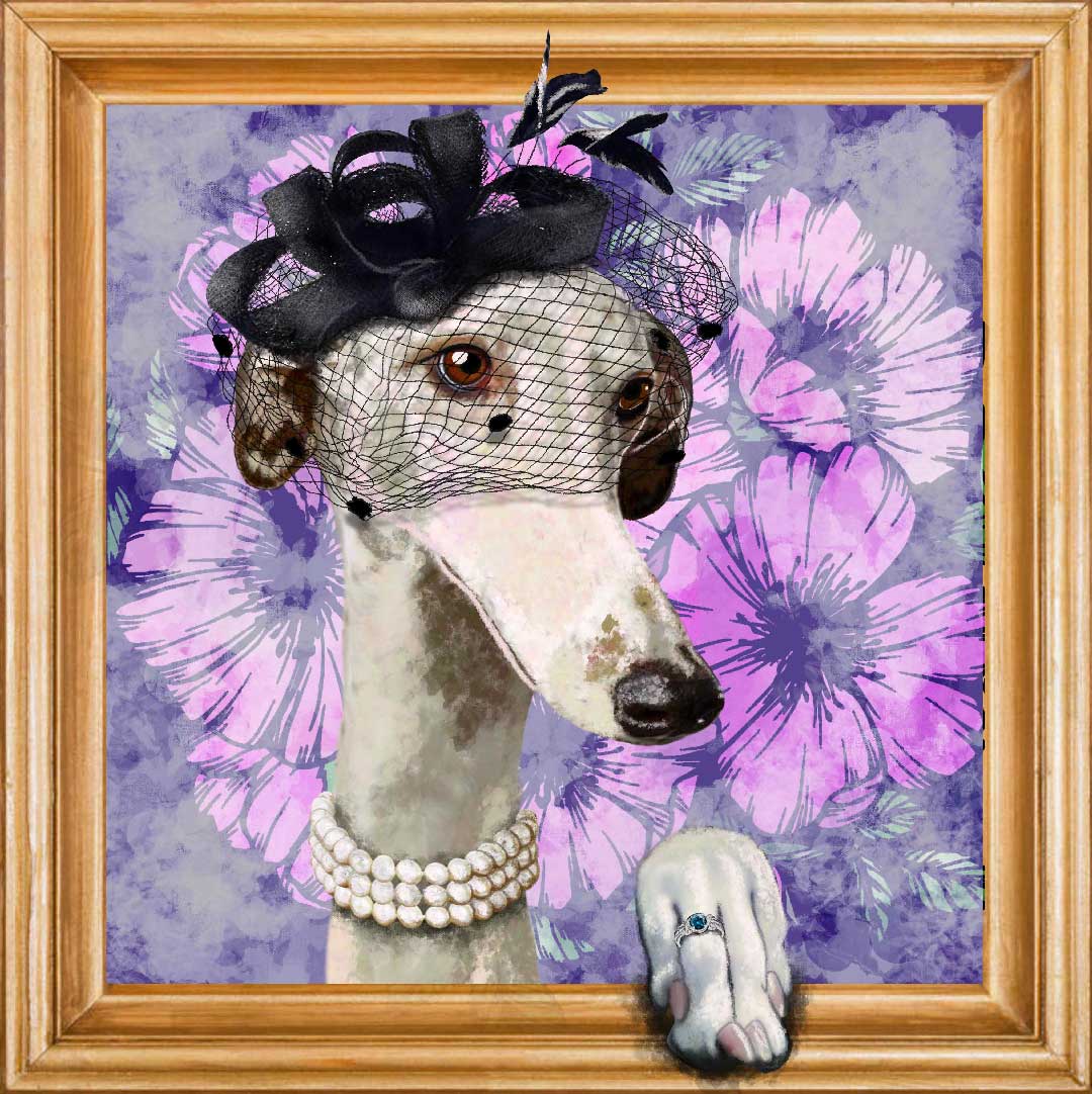 Galga con tocado y joyas, ilustración digital.