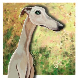 Galgo crema, fondo verde acuarela. Ilustración digital.