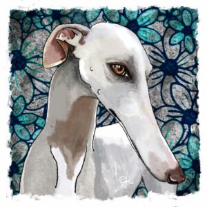 Galgo blanco, fondo de flores, ilustración digital.