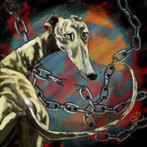 Galgo rompiendo sus cadenas, ilustración digital.