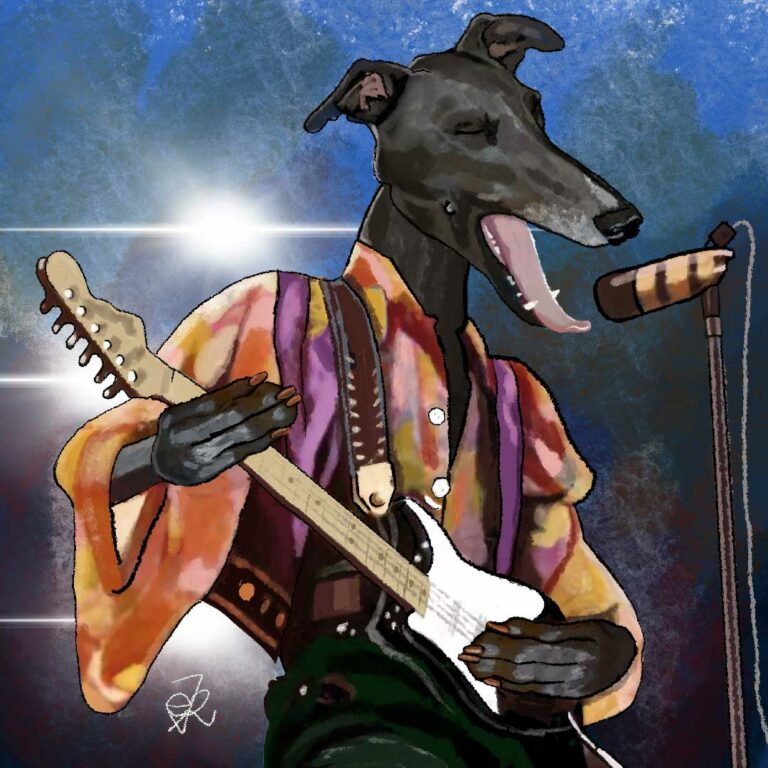 Galgo Jimmy Hendrix, ilustración digital.