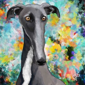 Galgo negro, fondo acuarela. Ilustración digital.