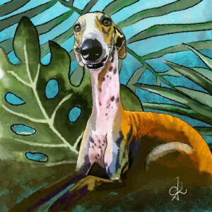 Galgo entre hojas selváticas, ilustración digital.