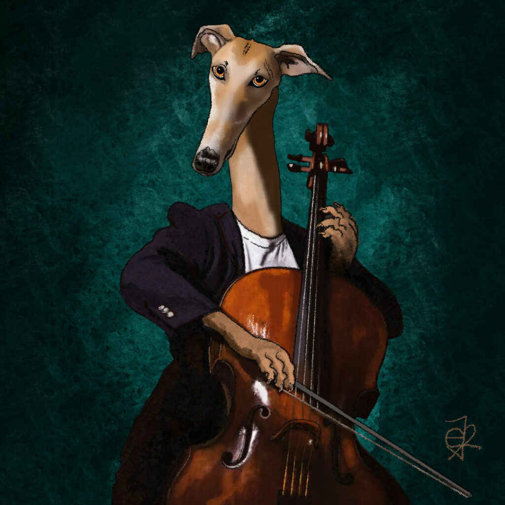 Galgo violonchelista, ilustración digital.