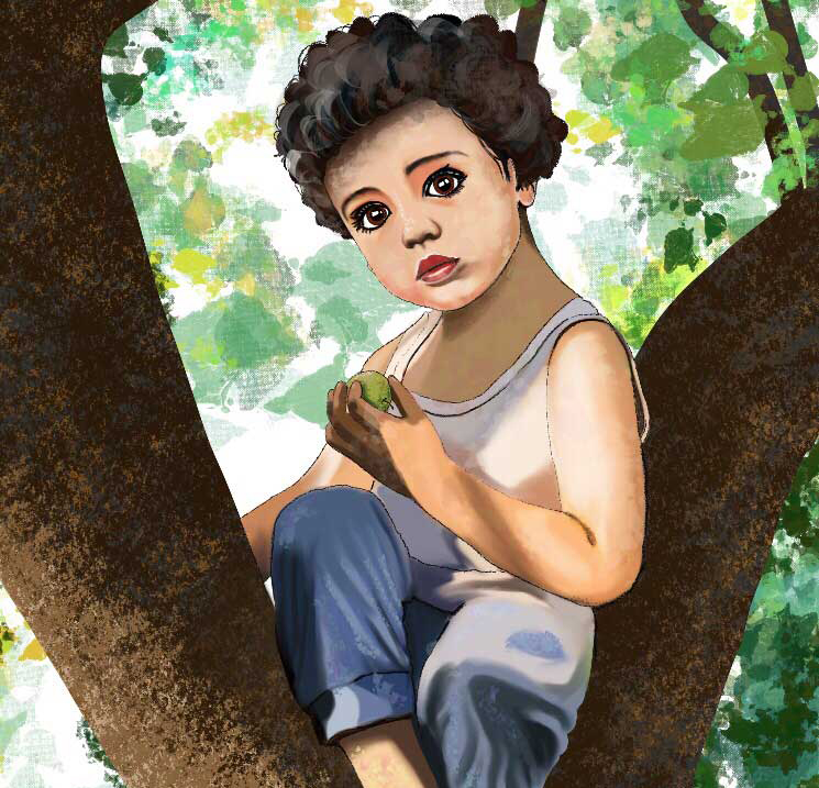 Niño cogiendo ciruelas, ilustración digital.