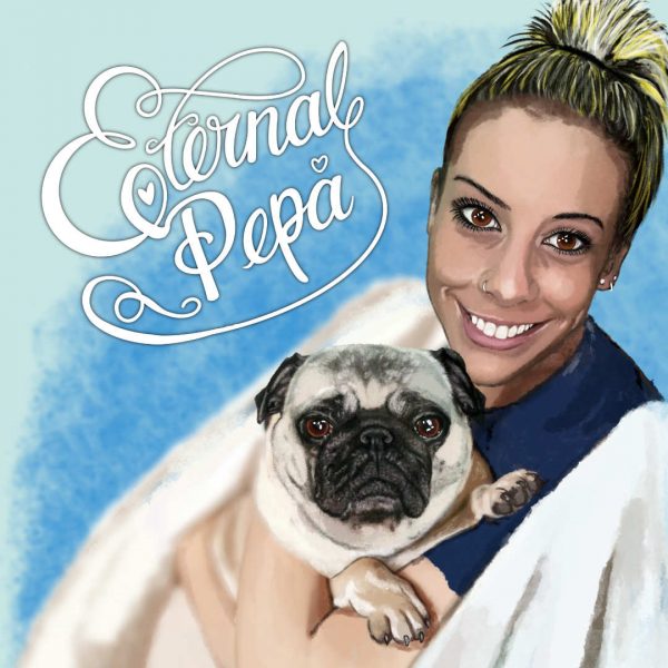 Retrato de chica con su perro, ilustración digital.